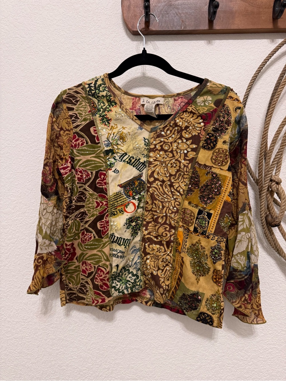 Vintage Y2K à la carte Patchwork Rhinestone Bell Sleeve Top - S